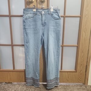 Tribal Jeans Audrey Mid Rise Straight Crop With Embrodered And Rhinestone Bottom